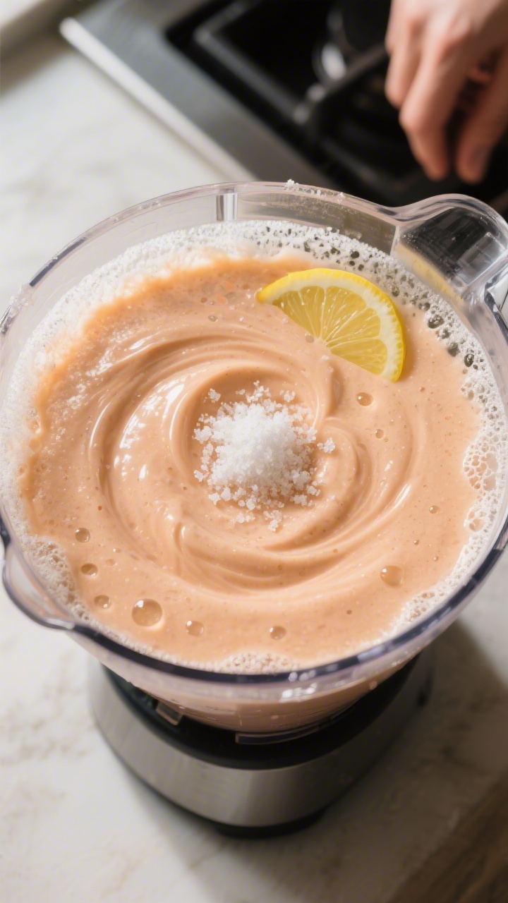 Cooking process: Overhead shot of the smoothie in the blender just after blending, ultra-smooth text
