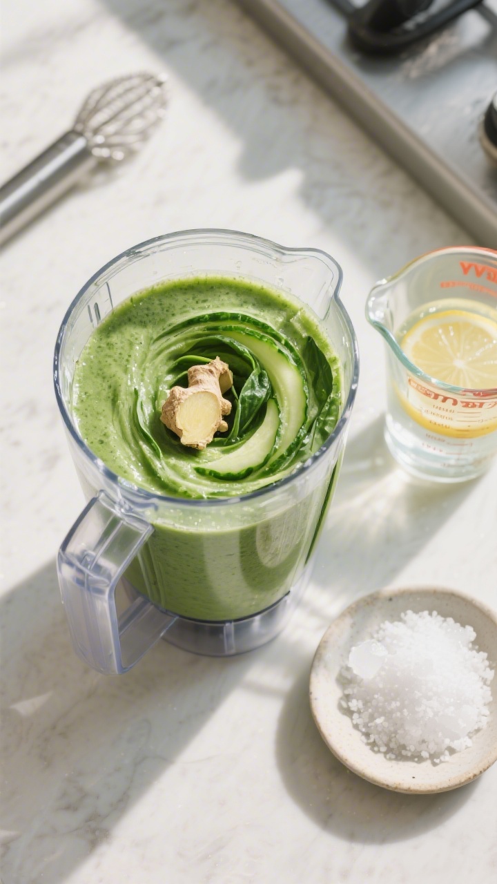 Cooking process: Overhead shot of the smoothie mid-blend in a clear blender jar, showing a vivid gre