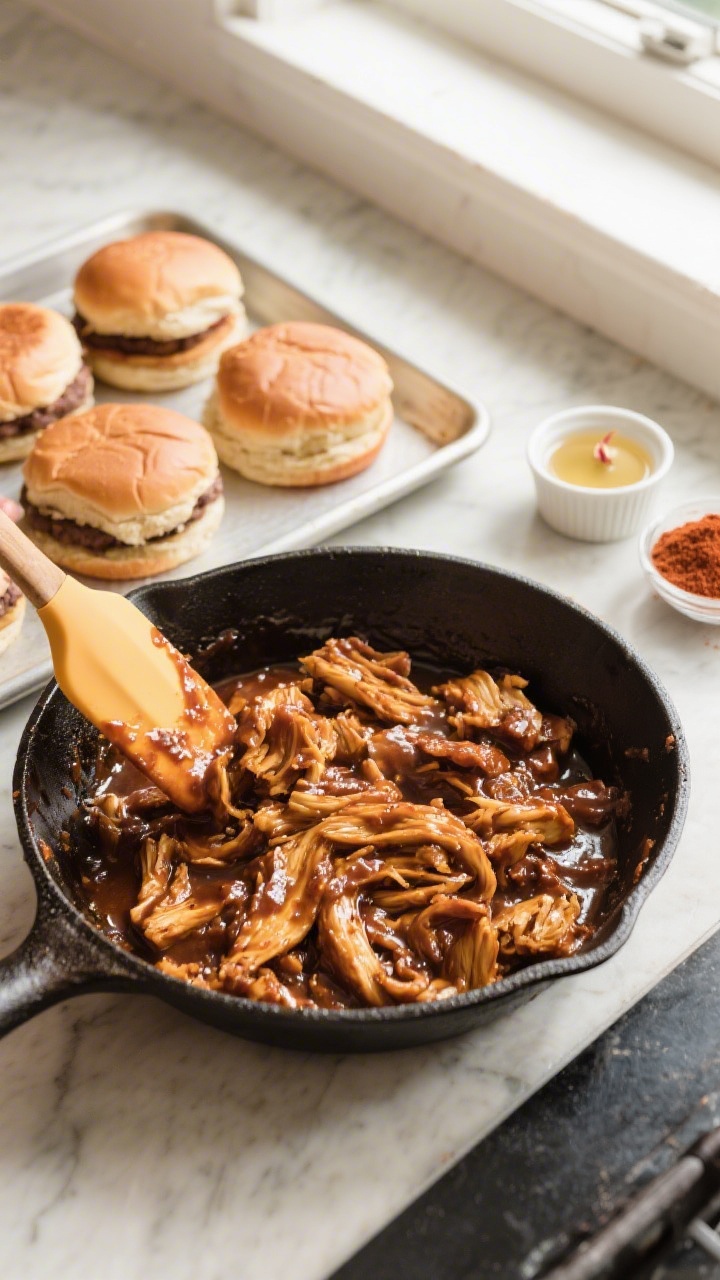 Cooking process: Overhead shot of toasted burger buns on a sheet pan next to a skillet of thick, sim
