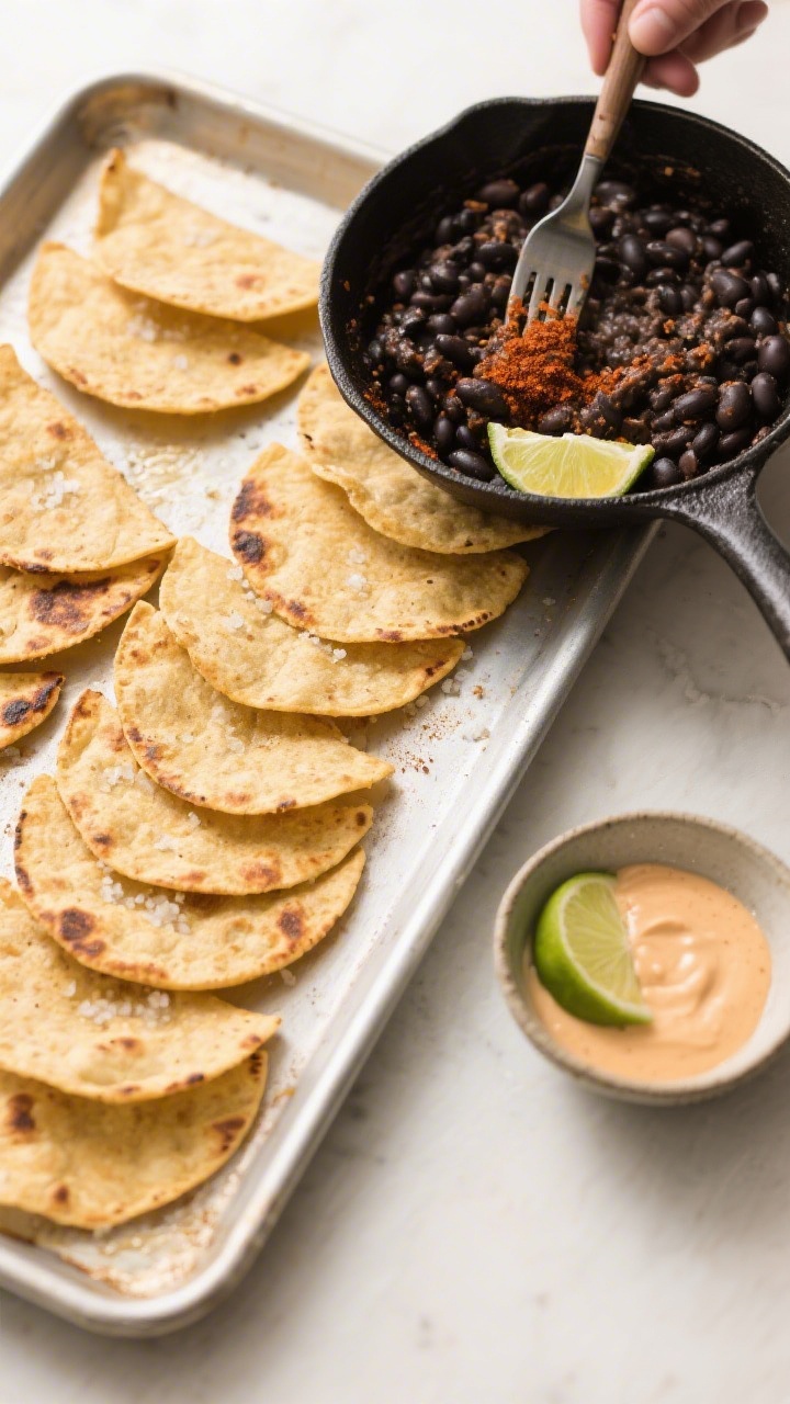 Cooking process: Overhead shot of tostada shells fresh from the oven on a sheet pan, evenly golden a