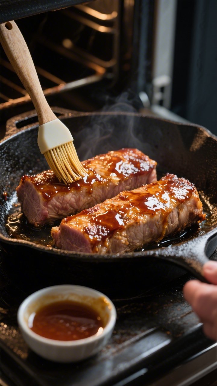 Cooking process: Pork tenderloins in an oven-safe cast-iron skillet mid-cook, freshly brushed with a