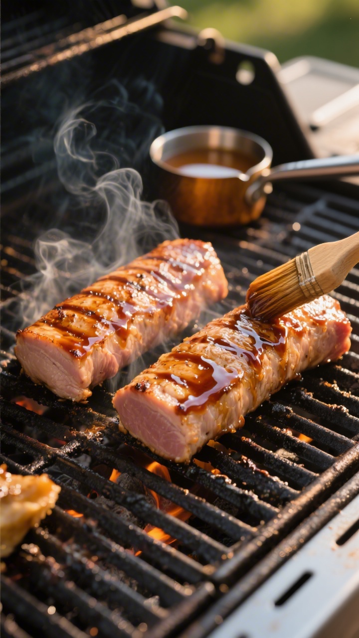 Cooking process: Pork tenderloins on a grill at medium-high heat, mid-glaze, with a glossy brush-on
