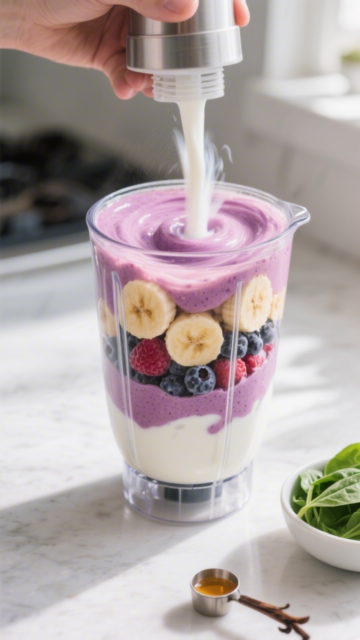 Cooking process: Professional kitchen-style scene of the smoothie mid-blend in a blender jar, liquid