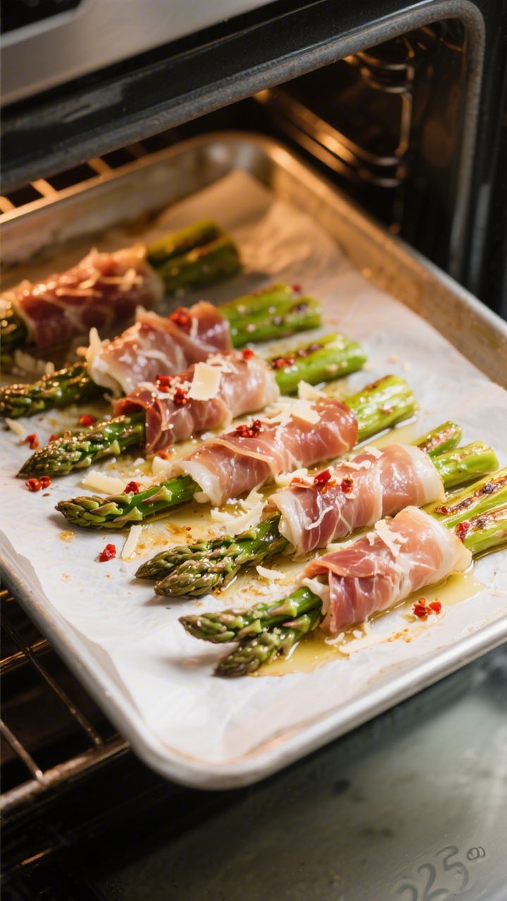 Cooking process: Prosciutto-wrapped asparagus roasting on a parchment-lined sheet pan in a 425°F ov
