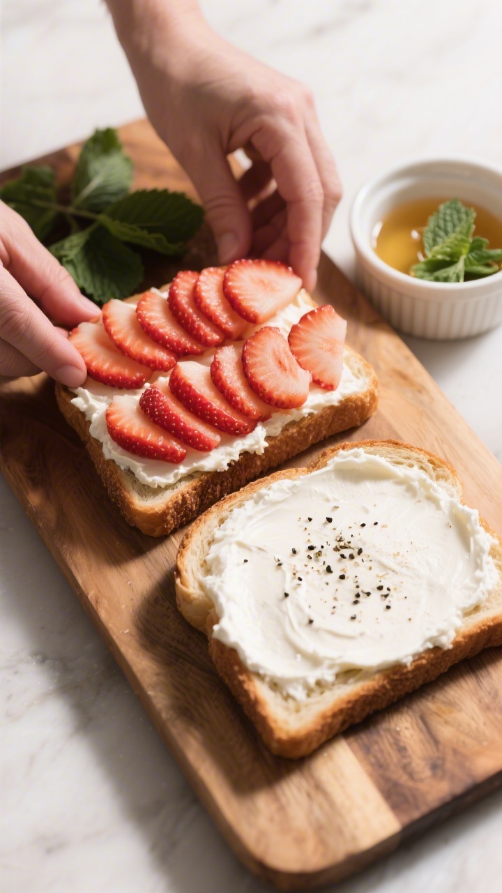 Cooking process: Ricotta toast assembly in progress—uniform thin strawberry slices being neatly sh