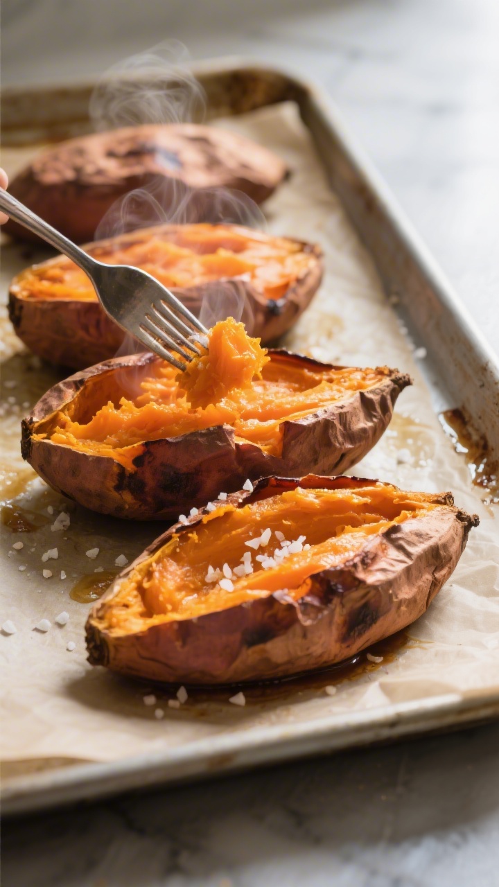 Cooking process — roasted sweet potatoes just out of the oven: Close-up of four split, roasted swe
