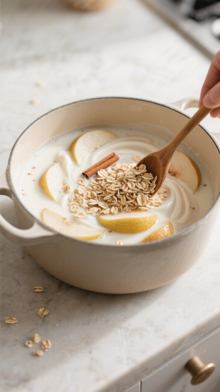 Cooking process: Rolled oats being stirred into a gently simmering pot of milk with softened cinnamo