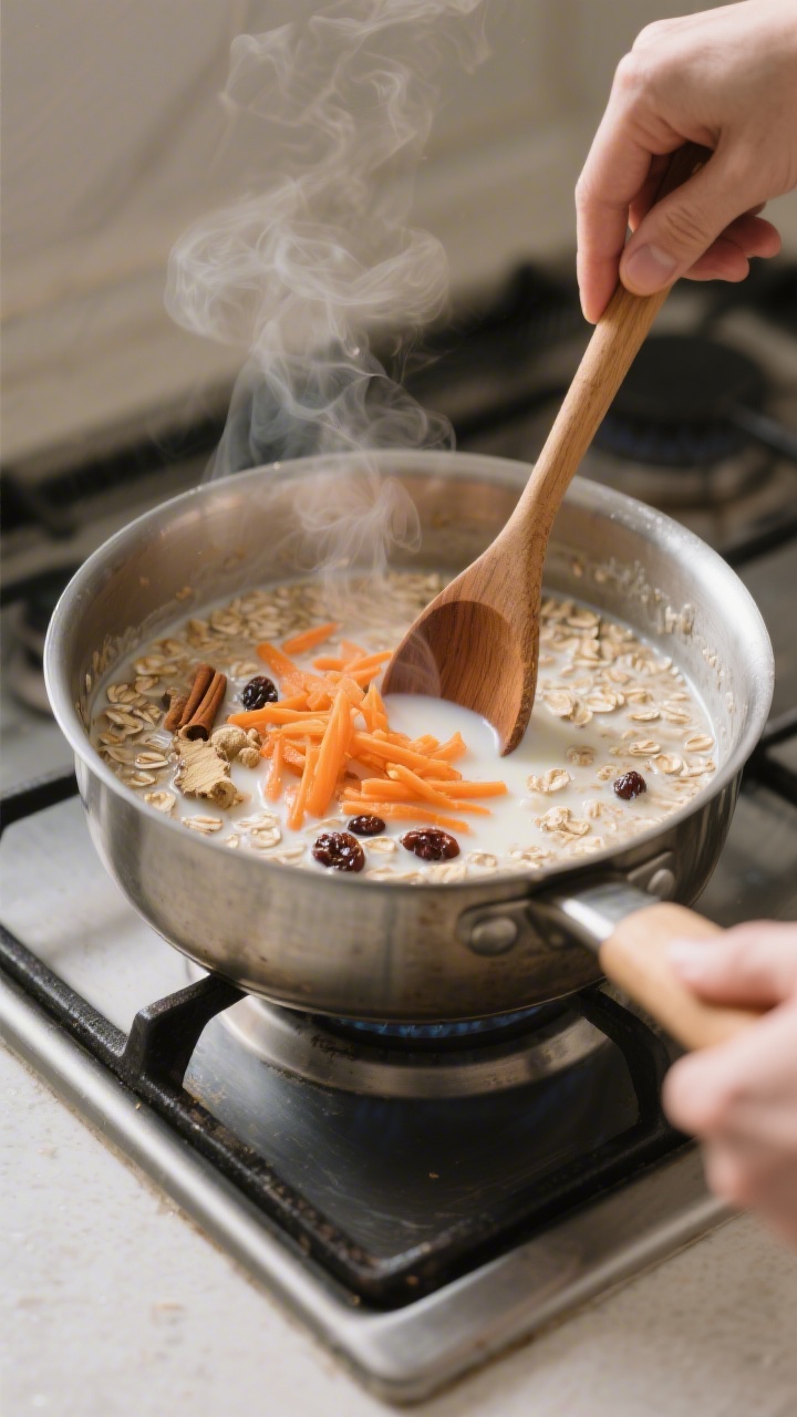 Cooking process: Saucepan on low simmer with the oatmeal base gently bubbling—rolled oats, milk, c
