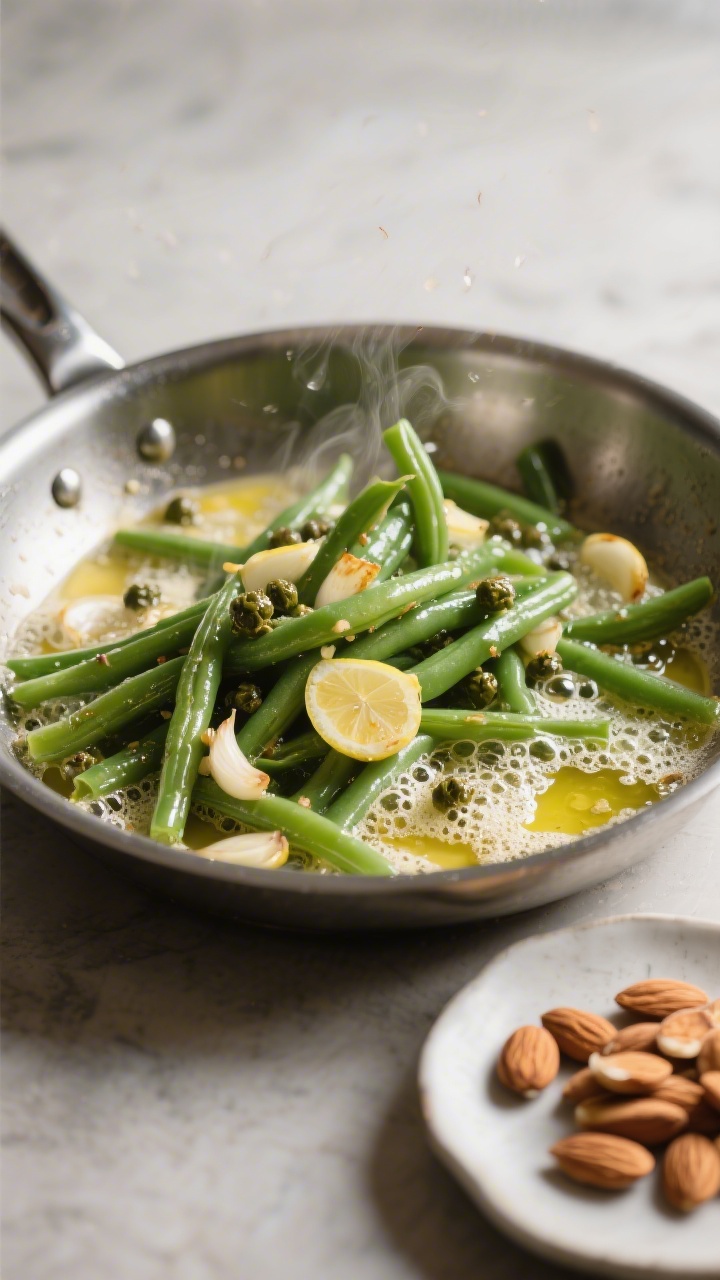 Cooking process: Sauté stage in a stainless skillet—blanched, well-dried green beans being tossed