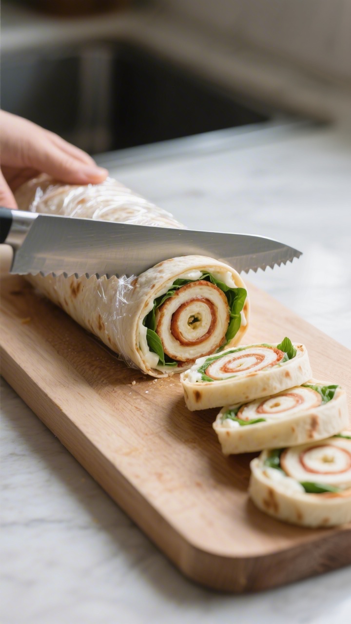 Cooking process scene (prepared stage, no raw ingredient focus): a tightly rolled, fully assembled t