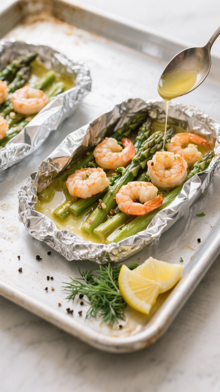 Cooking process: Sealed heavy-duty foil packs on a sheet pan halfway opened after baking, revealing