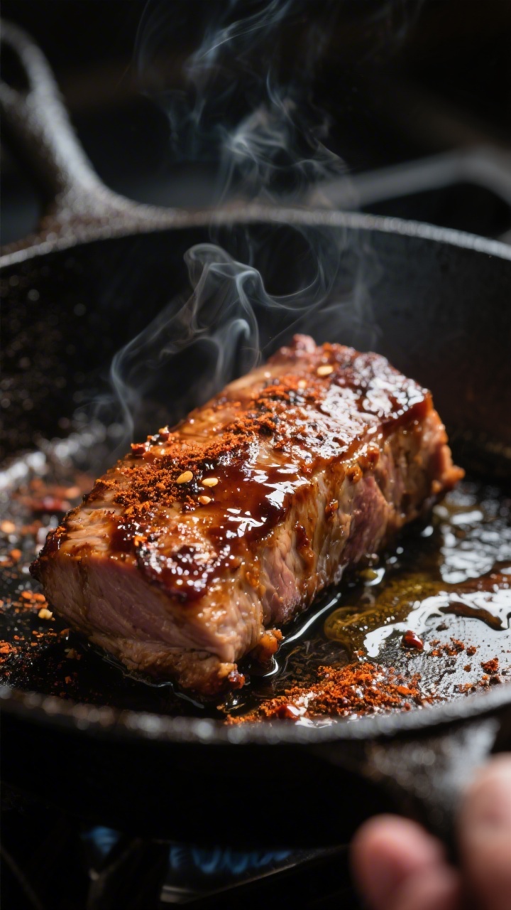 Cooking process — Searing: Chipotle BBQ pork tenderloin sizzling in a cast-iron skillet, close-up
