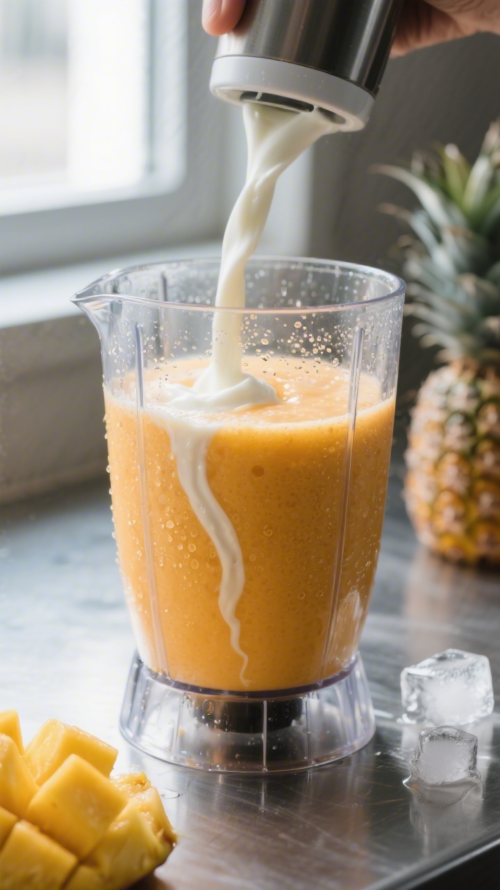 Cooking process shot: Mango pineapple smoothie being blended to a silky, frosty consistency in a cle