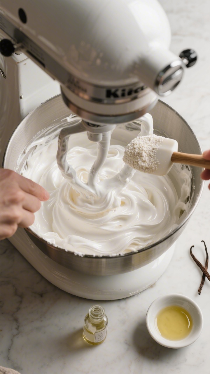 Cooking process shot: Overhead view of a stand mixer bowl filled with glossy, stiff-peak meringue as