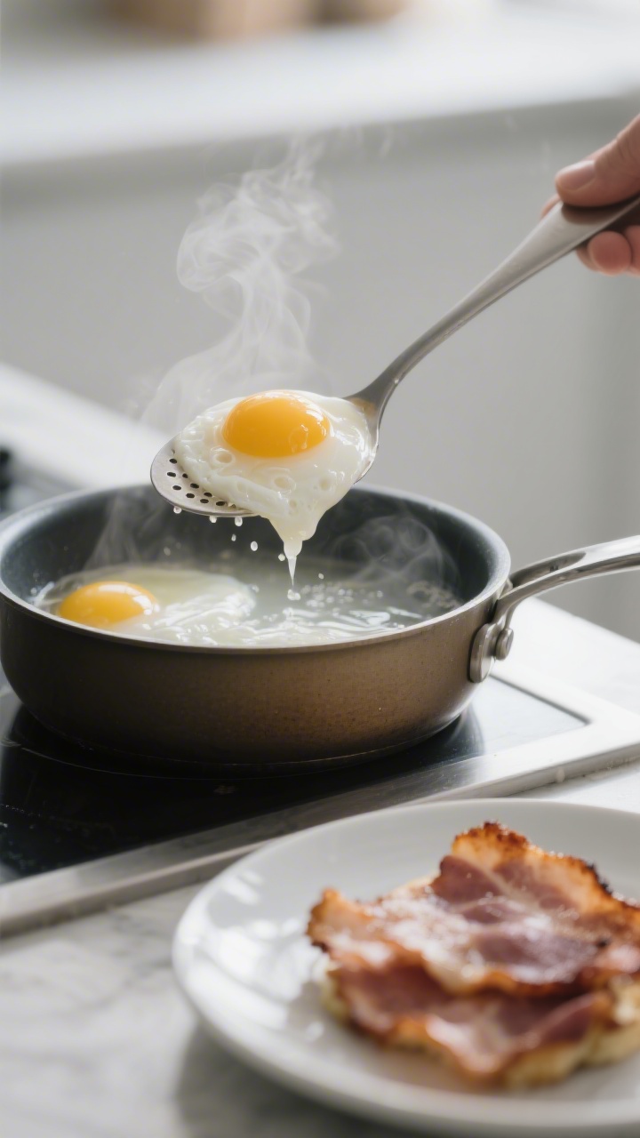 Cooking process shot: Poached eggs being lifted from a gently simmering saucepan with a slotted spoo