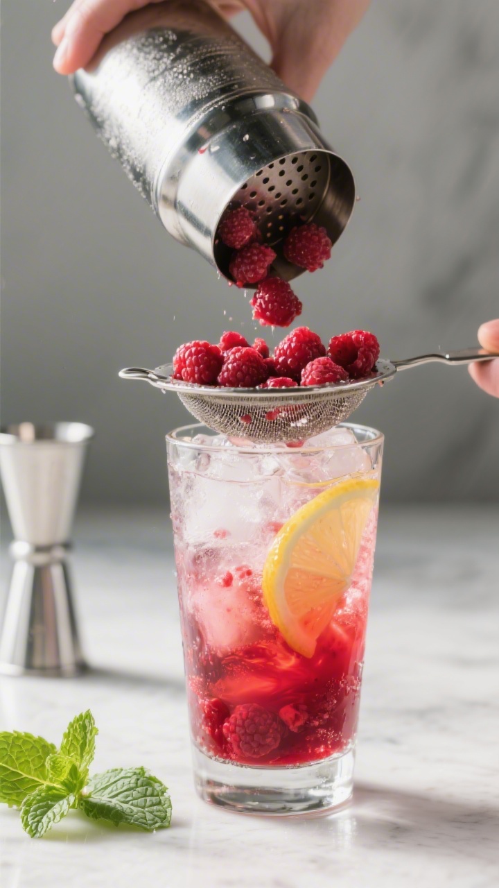 Cooking process shot: the muddling stage captured right after shaking and before straining—deep ra