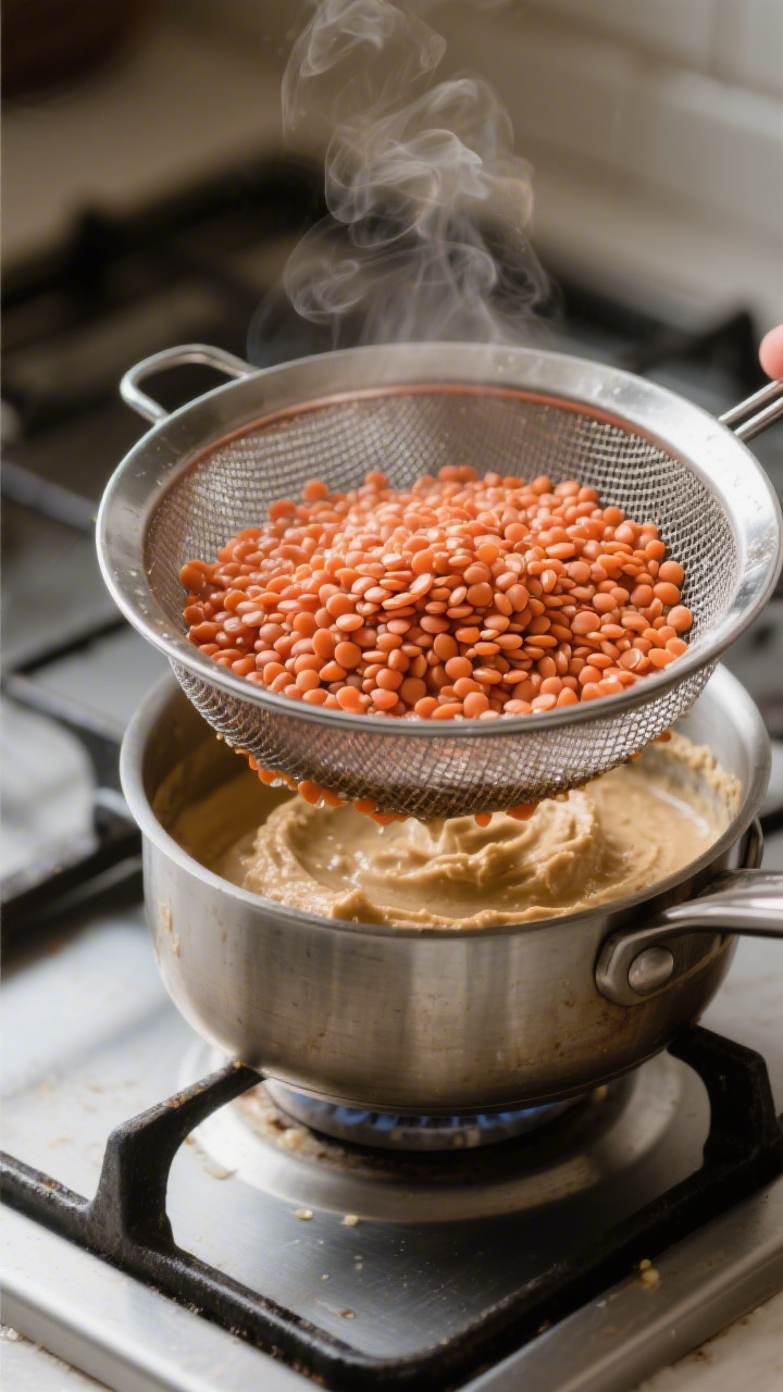 Cooking process shot: Warm, fully cooked red lentils being drained and steam-dried in a fine-mesh st