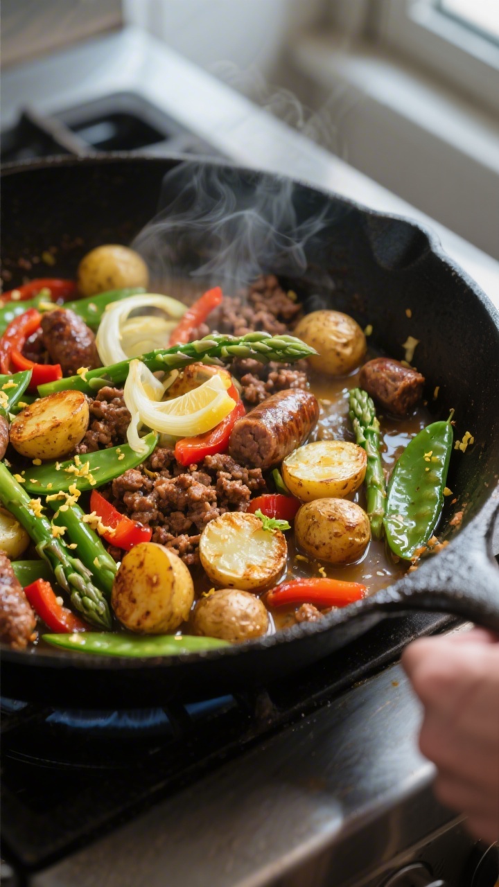 Cooking process, skillet sizzle: One-pan Italian sausage with spring vegetables mid-cook in a 12-inc