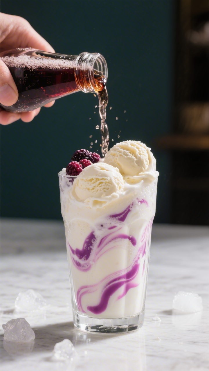 Cooking process: Slow-pour action shot of berry soda being tilted and streamed down the side of a ta