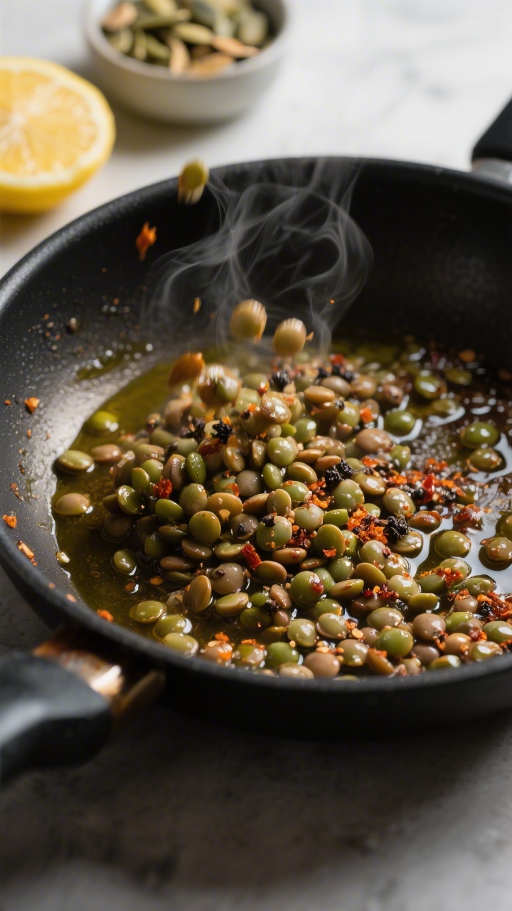 Cooking process — spiced lentils in the skillet: Close-up of cooked green/brown lentils being toss