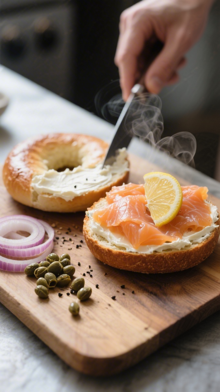 Cooking process: Step-by-step assembly moment with the toasted bagel on a wooden board—one half al