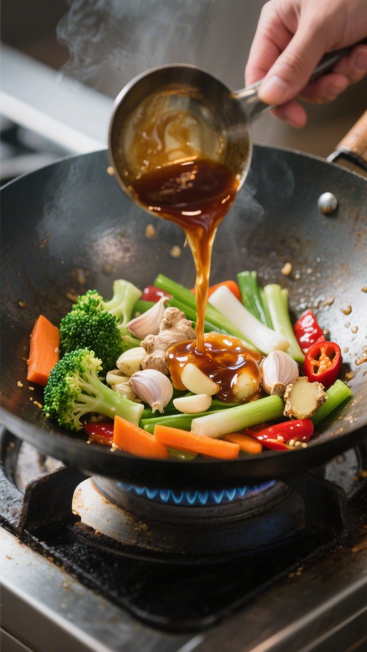 Cooking process: Stir-frying aromatics in a hot wok—garlic, fresh ginger, and the white parts of g