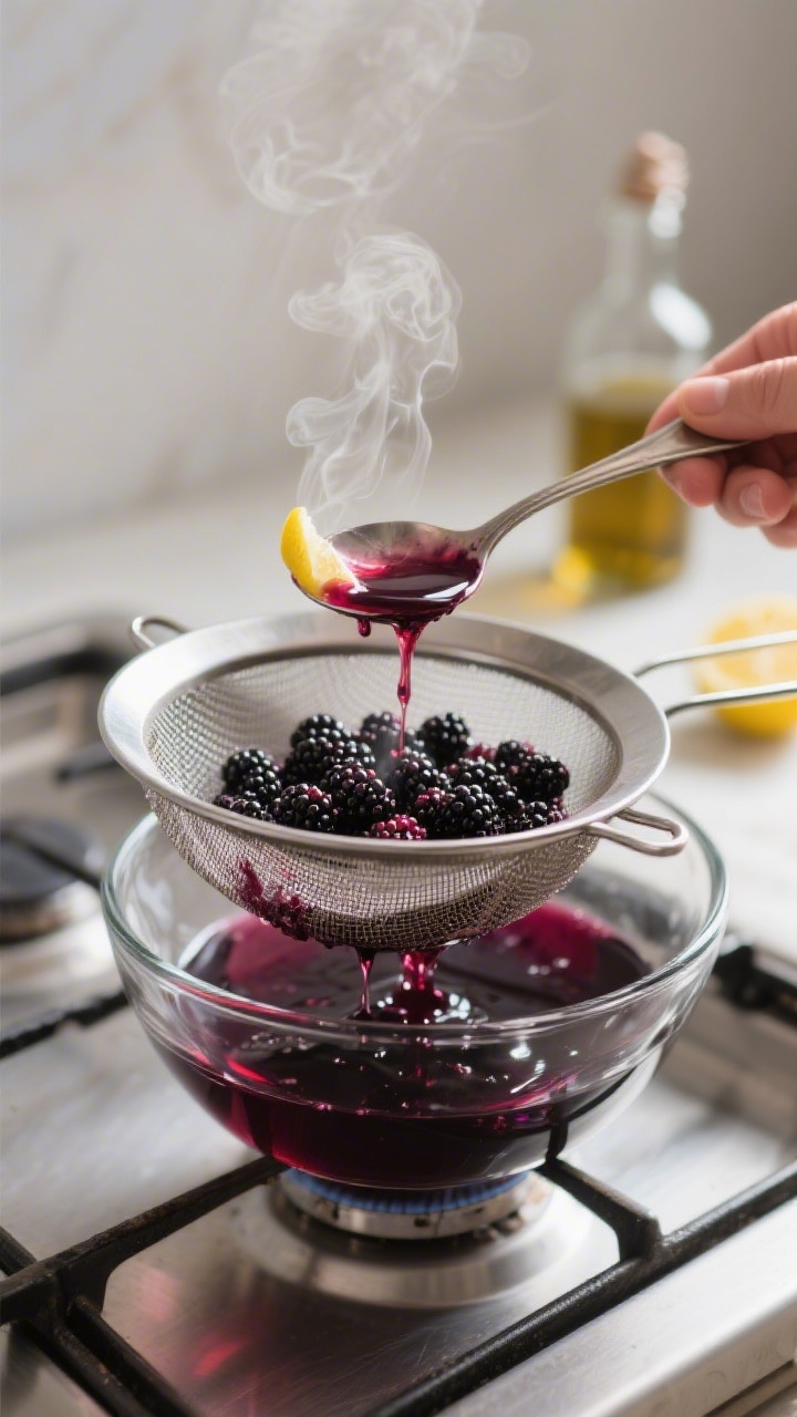 Cooking process: Straining freshly simmered blackberry syrup through a fine-mesh sieve into a glass