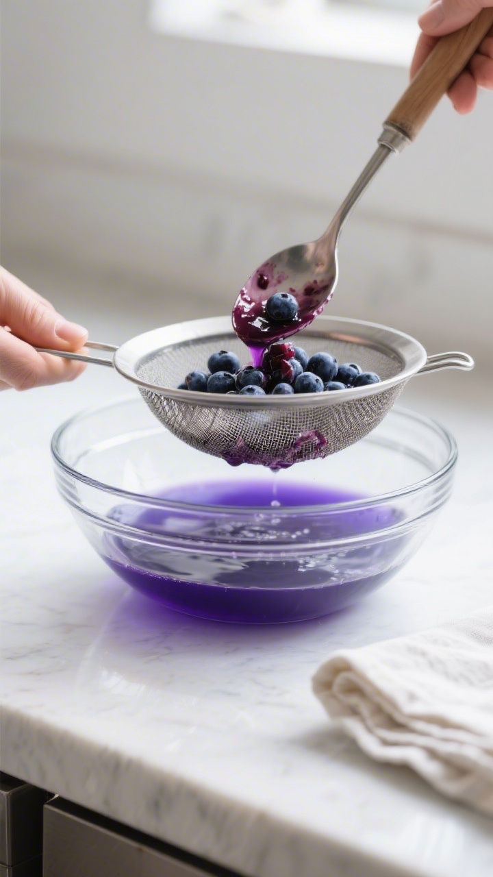 Cooking process: Straining the cooled blueberry sauce through a fine-mesh sieve into a clear bowl, v
