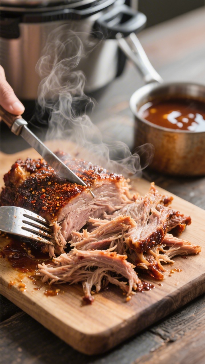 Cooking process: Tender pulled pork just after pressure cooking, being shredded on a wooden board wi