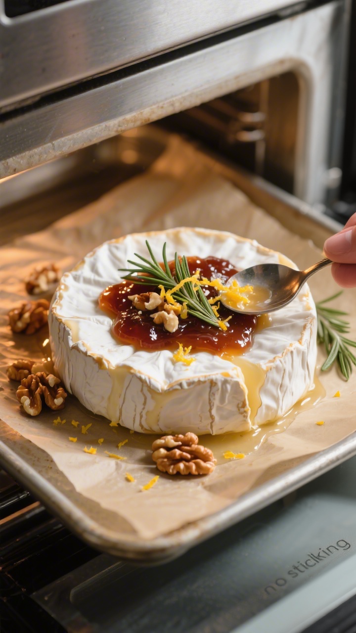 Cooking process: The Brie mid-bake coming out of the oven on a small parchment-lined sheet pan. The