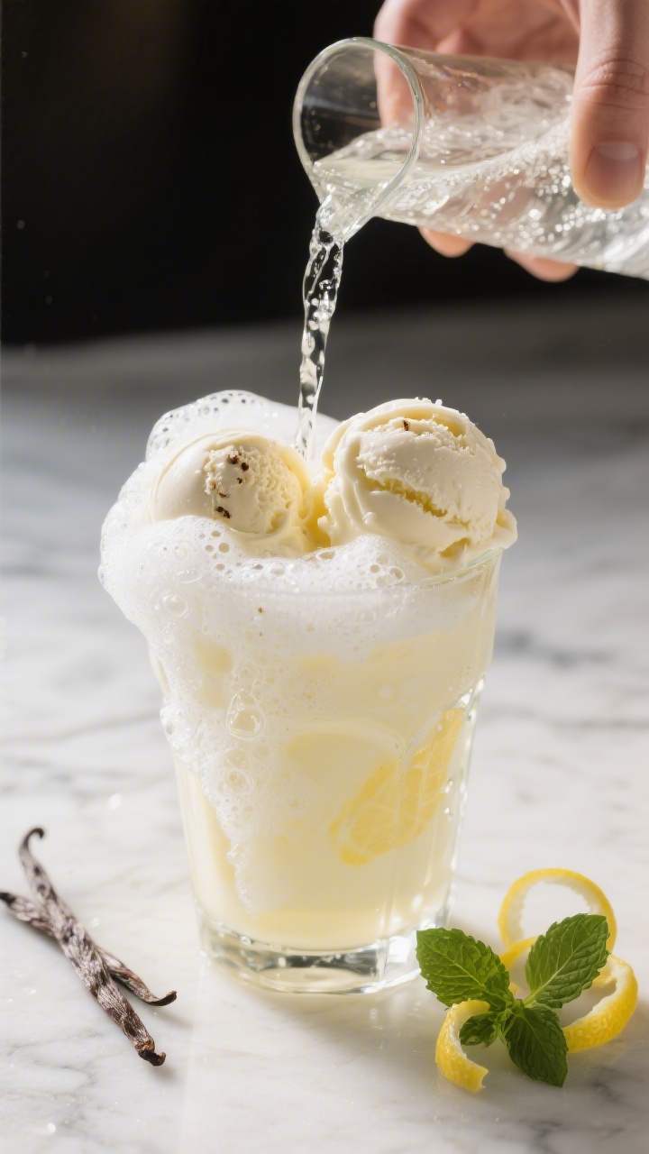 Cooking process: The classic float crown forming as sparkling water is poured slowly along the side