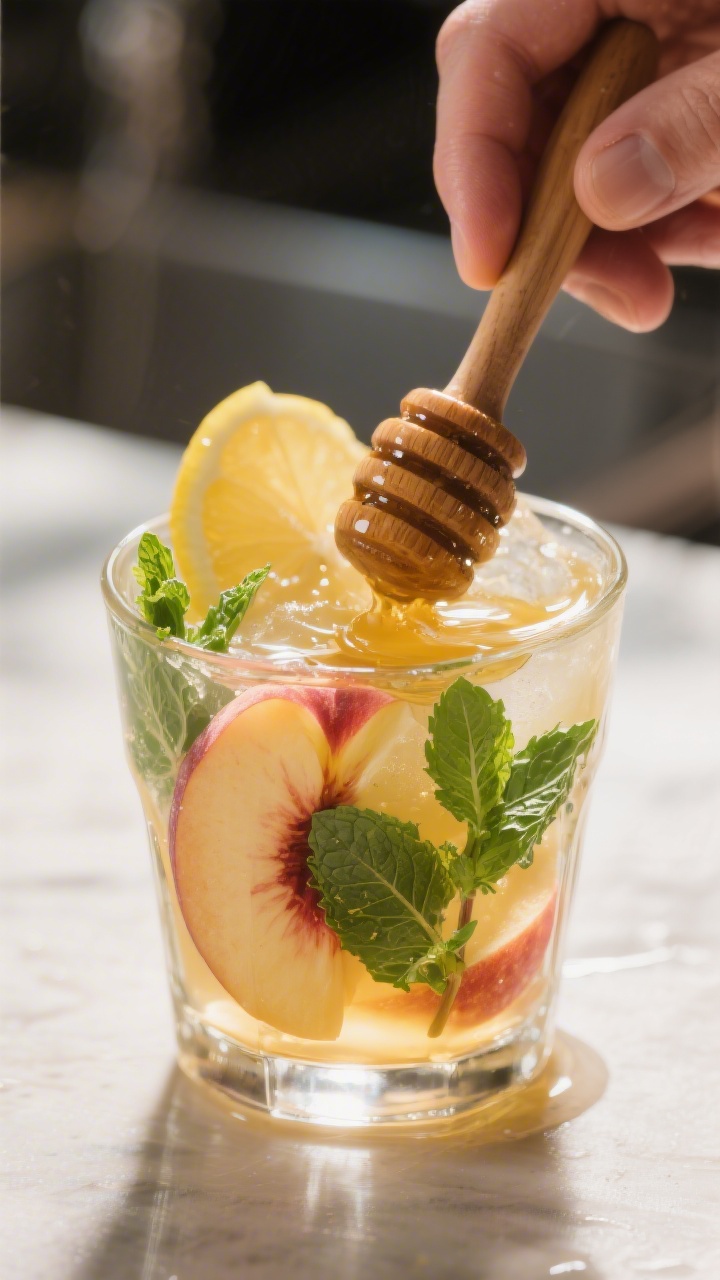 Cooking process: The muddling stage captured in-glass—peach slices and mint leaves gently pressed