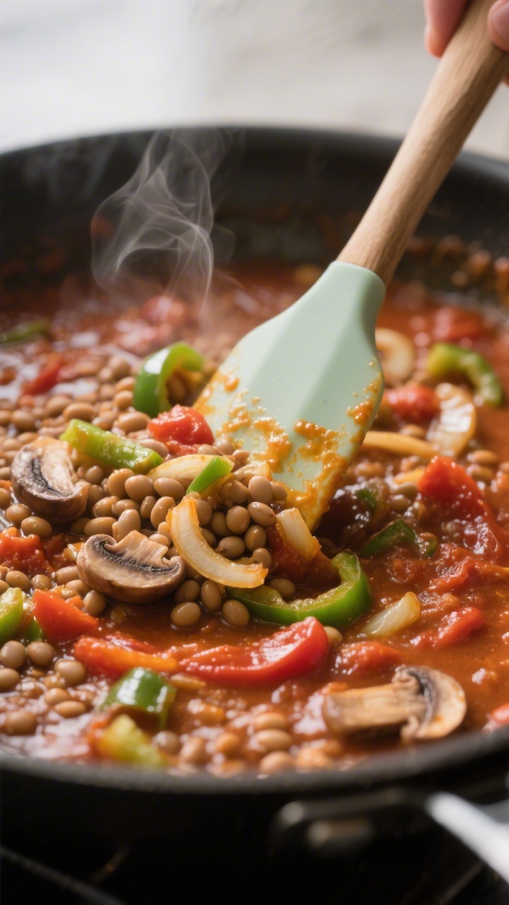 Cooking process: The sauced mixture just after lentils are folded in, shown thickening as it gently