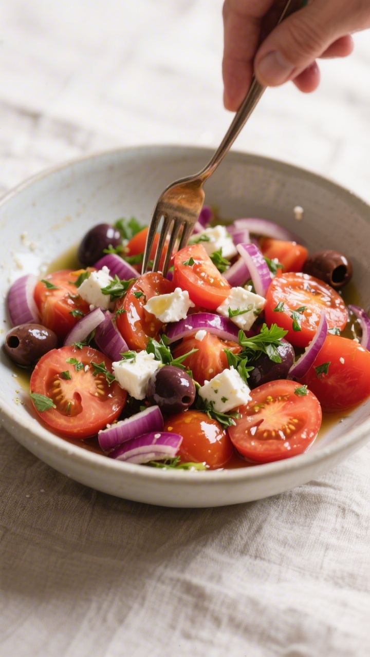 Cooking process: The tomato and red onion salad being gently tossed in a large mixing bowl with a fo