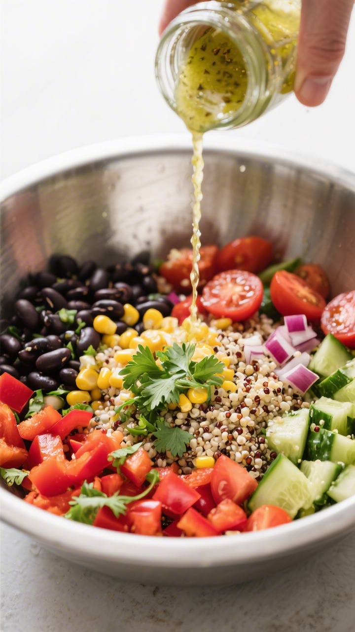 Cooking process: Tossing together cooled quinoa, tender black beans, diced red bell pepper, sweet co