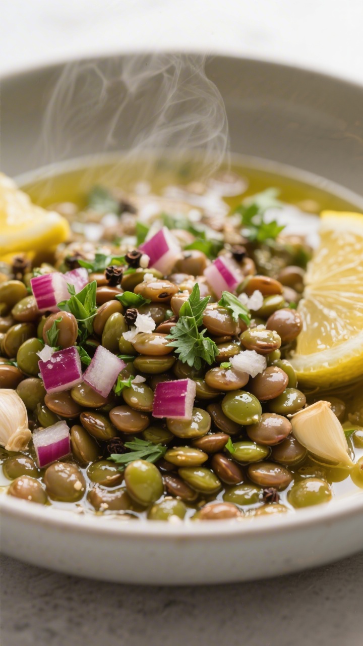 Cooking process — Warm lentils tossed with zesty lemon-Dijon dressing: close-up of tender green/br