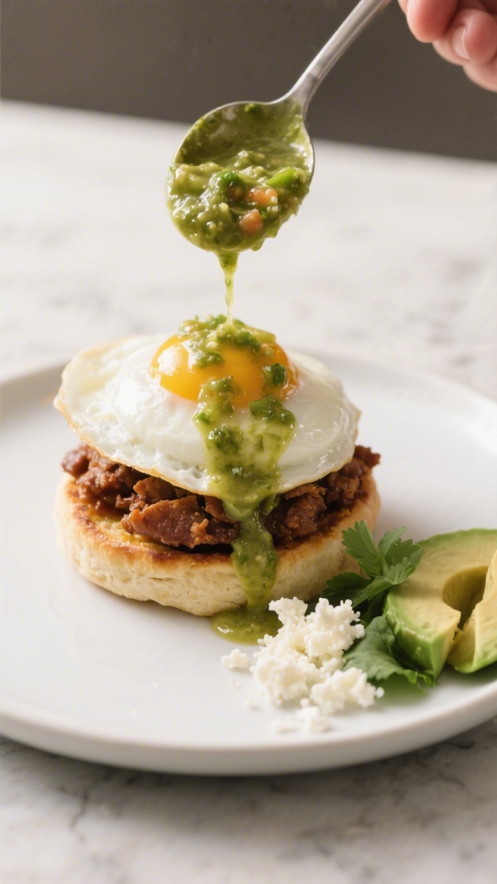 Cooking process: Warm tomatillo-based salsa verde being spooned in a glossy ribbon over a stacked Be