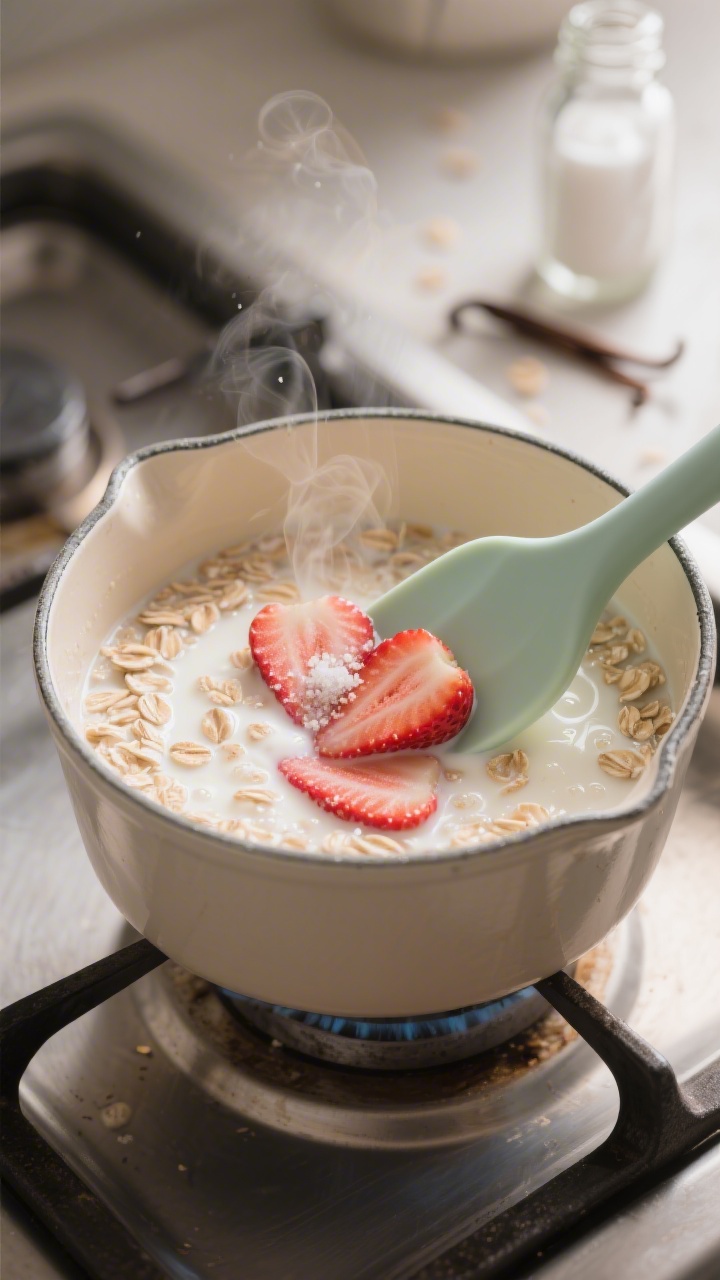 Cooking process: Warm version on the stovetop in a small enamel saucepan, oats gently simmering in m