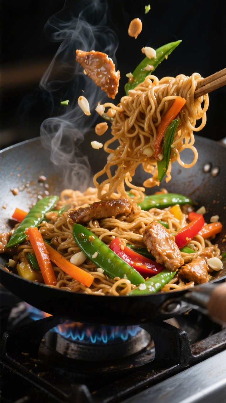 Cooking process, wok action: Peanut noodle stir-fry mid-toss in a hot carbon-steel wok over medium-h