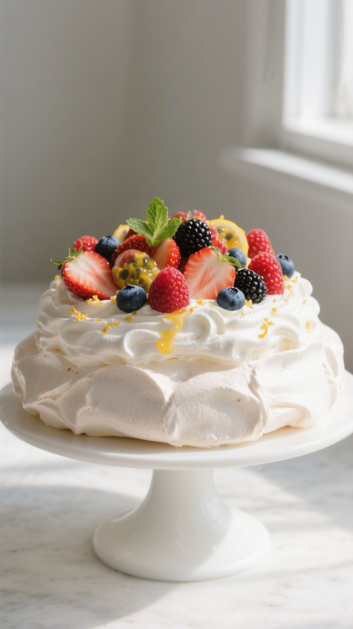 Final dish beauty: Elegantly plated full-size pavlova on a white pedestal cake stand, topped with si