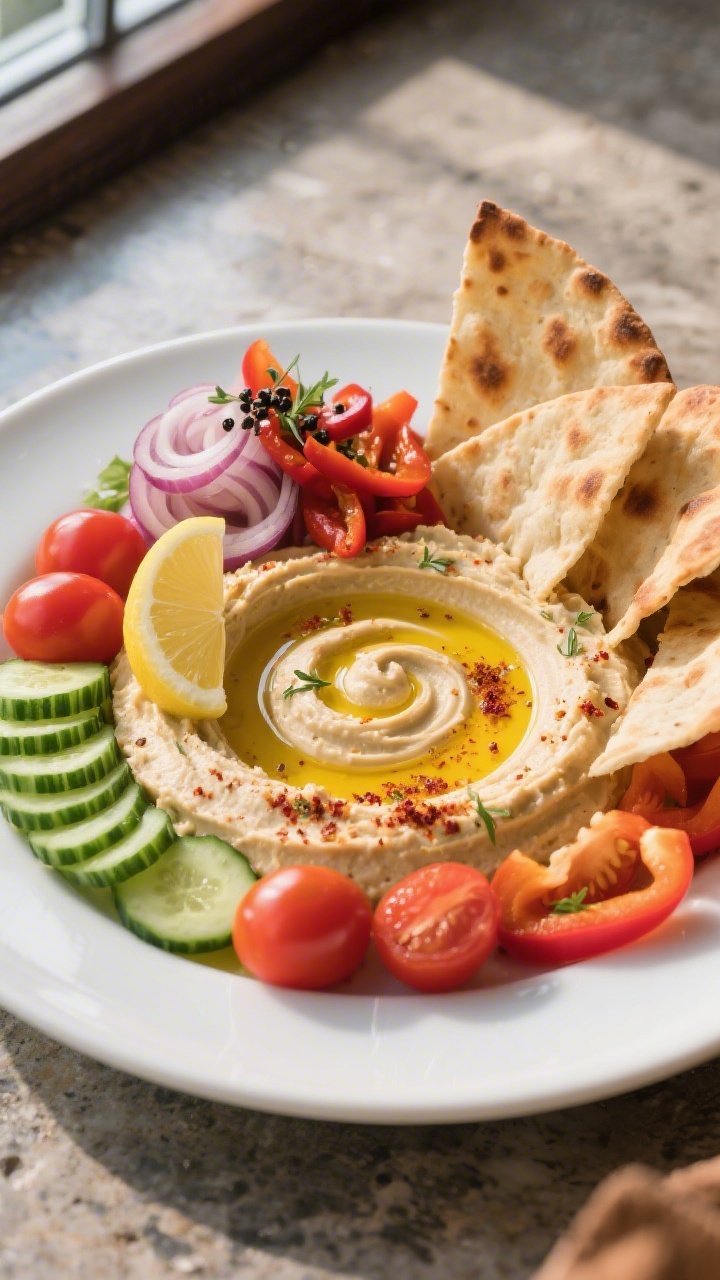 Final dish beauty plate: Restaurant-quality presentation of a Mediterranean-style variation—hummus