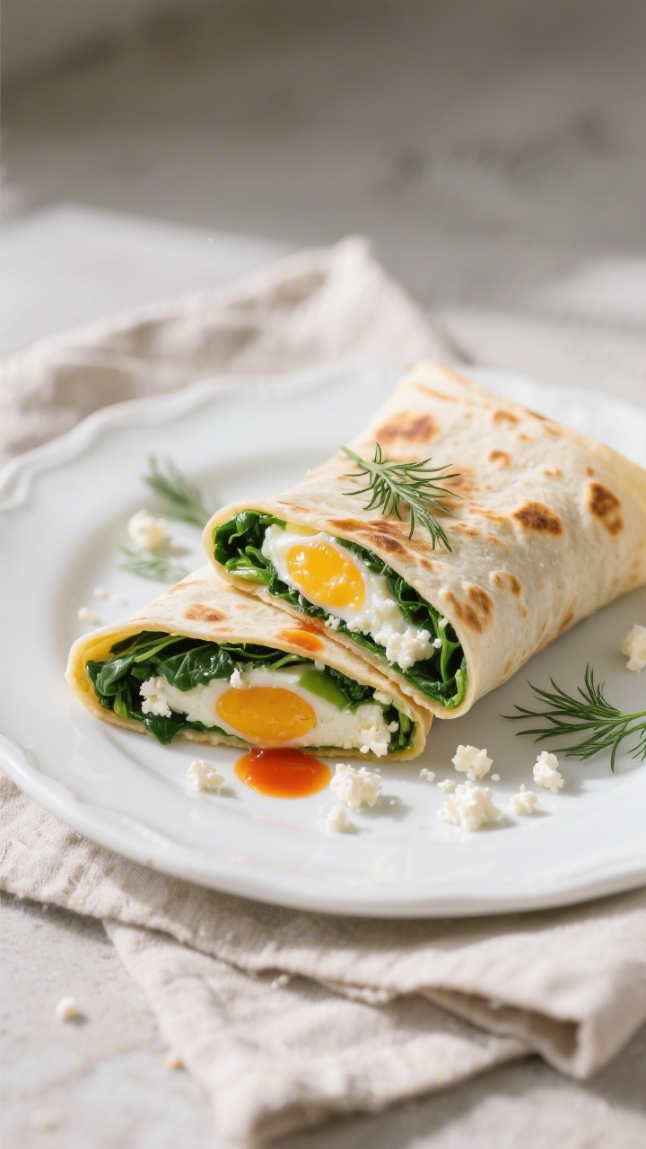 Final dish beauty shot: Quick Spinach Feta Egg Wrap sliced on a diagonal to reveal layers of soft eg