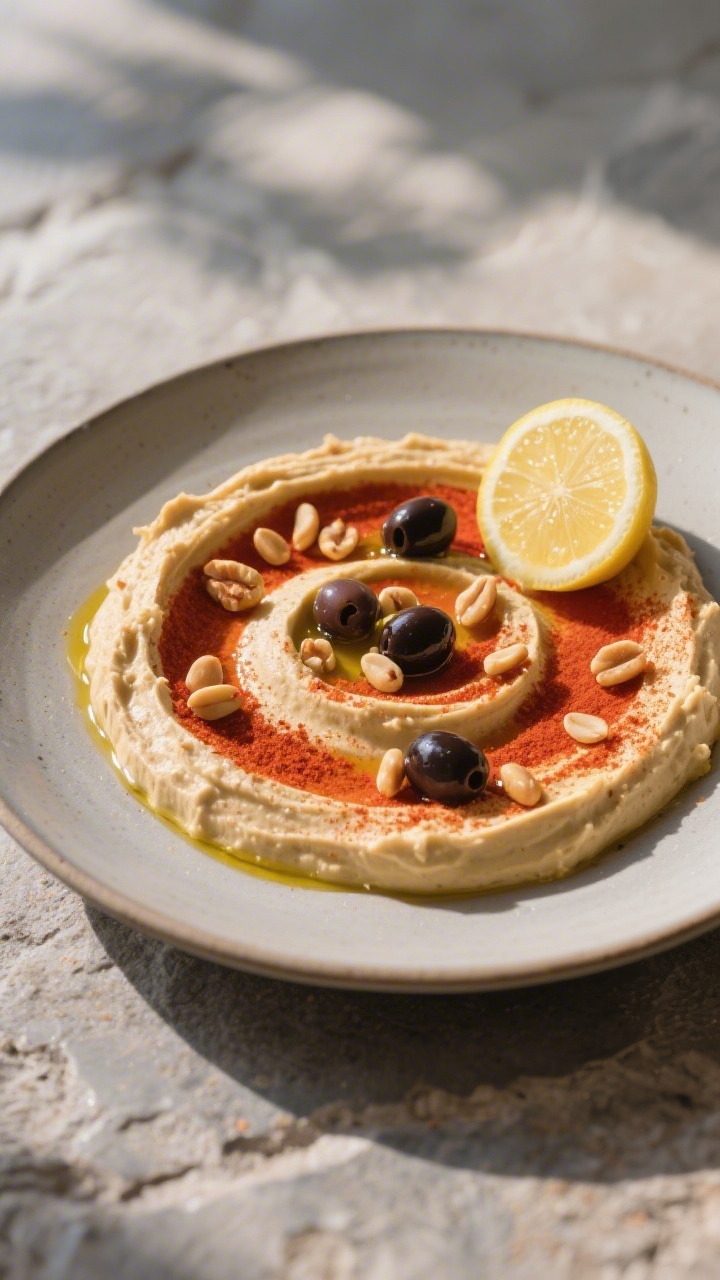 Final dish beauty shot: Restaurant-quality plating of hummus spread in a bold spiral on a matte cera
