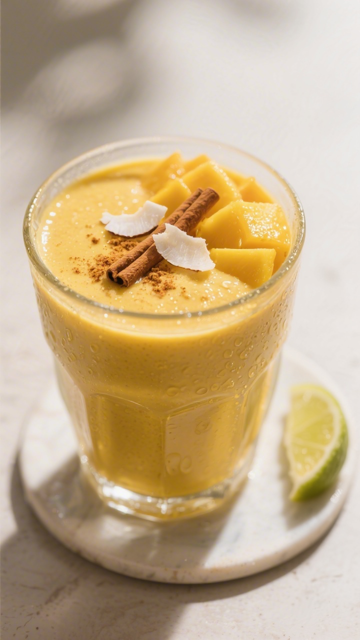 Final dish close-up — A chilled glass of Mango Turmeric Golden Smoothie, ultra-creamy and glossy w
