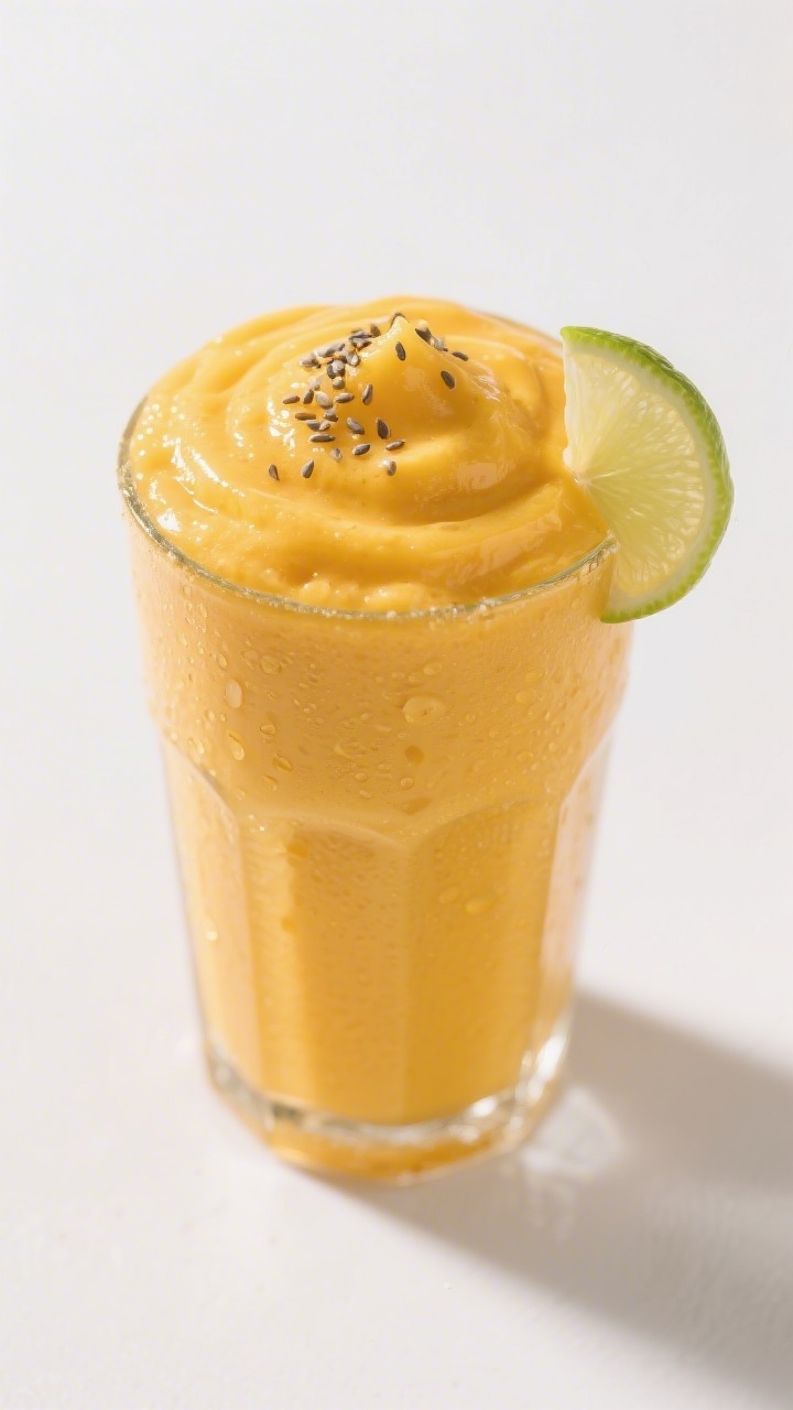 Final dish, close-up detail: Thick, creamy mango pineapple smoothie poured into a chilled clear glas