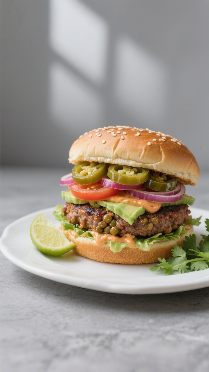 Final dish: Fully assembled Spicy Jalapeño Lentil Burger stacked on a toasted brioche bun with a sw