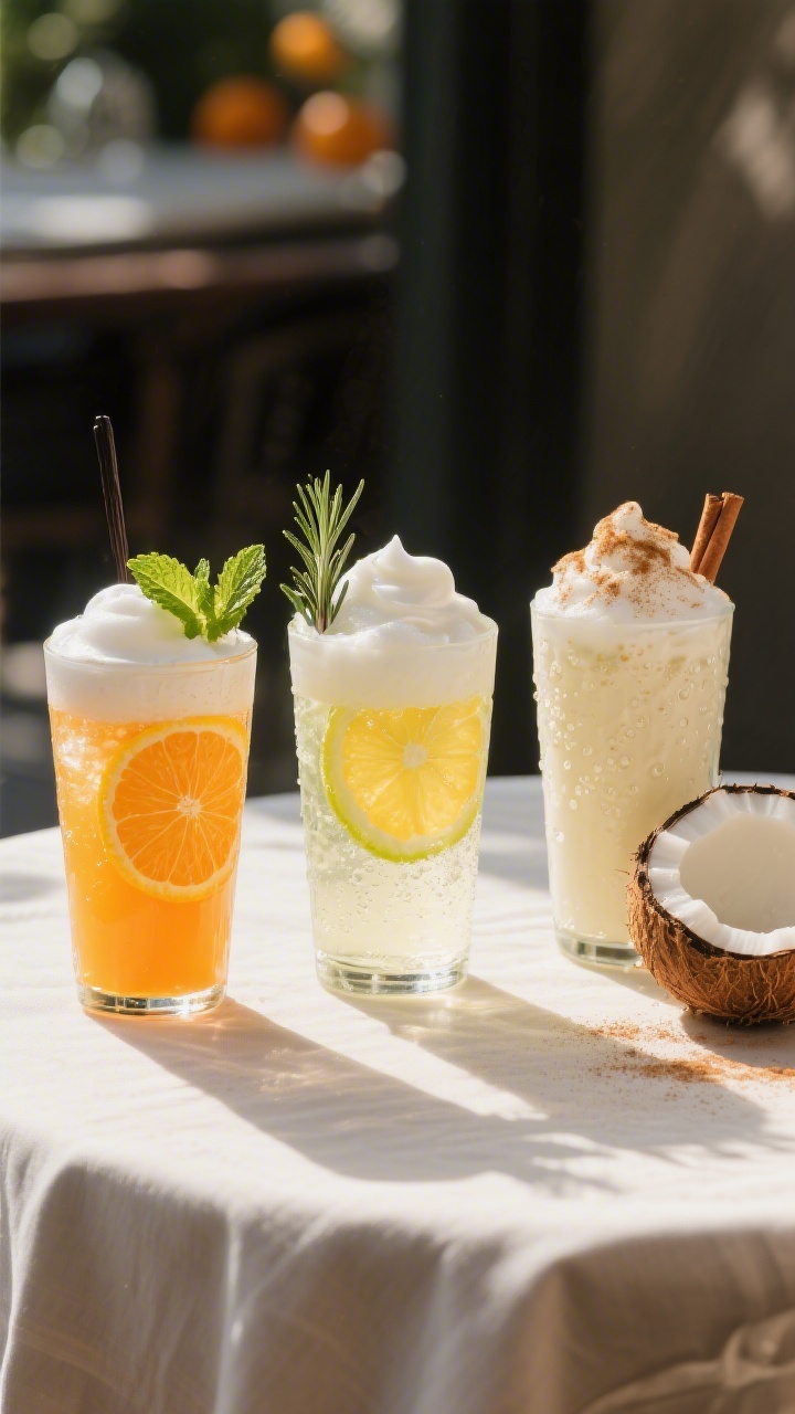 Final dish glamour: Three variations of Tangerine Vanilla Floats styled side-by-side on a sunlit tab
