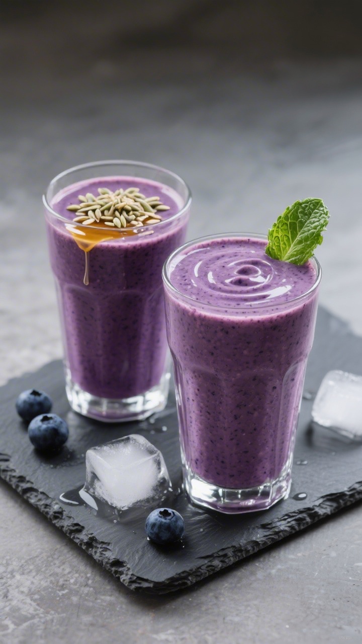 Final dish hero: Beautifully presented Blueberry Avocado Smoothie duo—one classic version and one