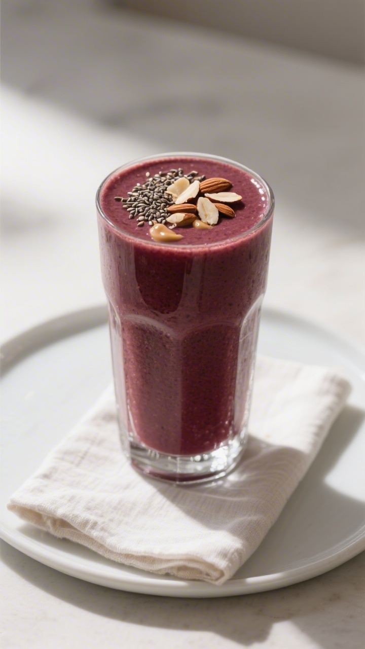 Final dish, hero presentation: Beautifully poured Cherry Almond Protein Smoothie in a tall, frosty c