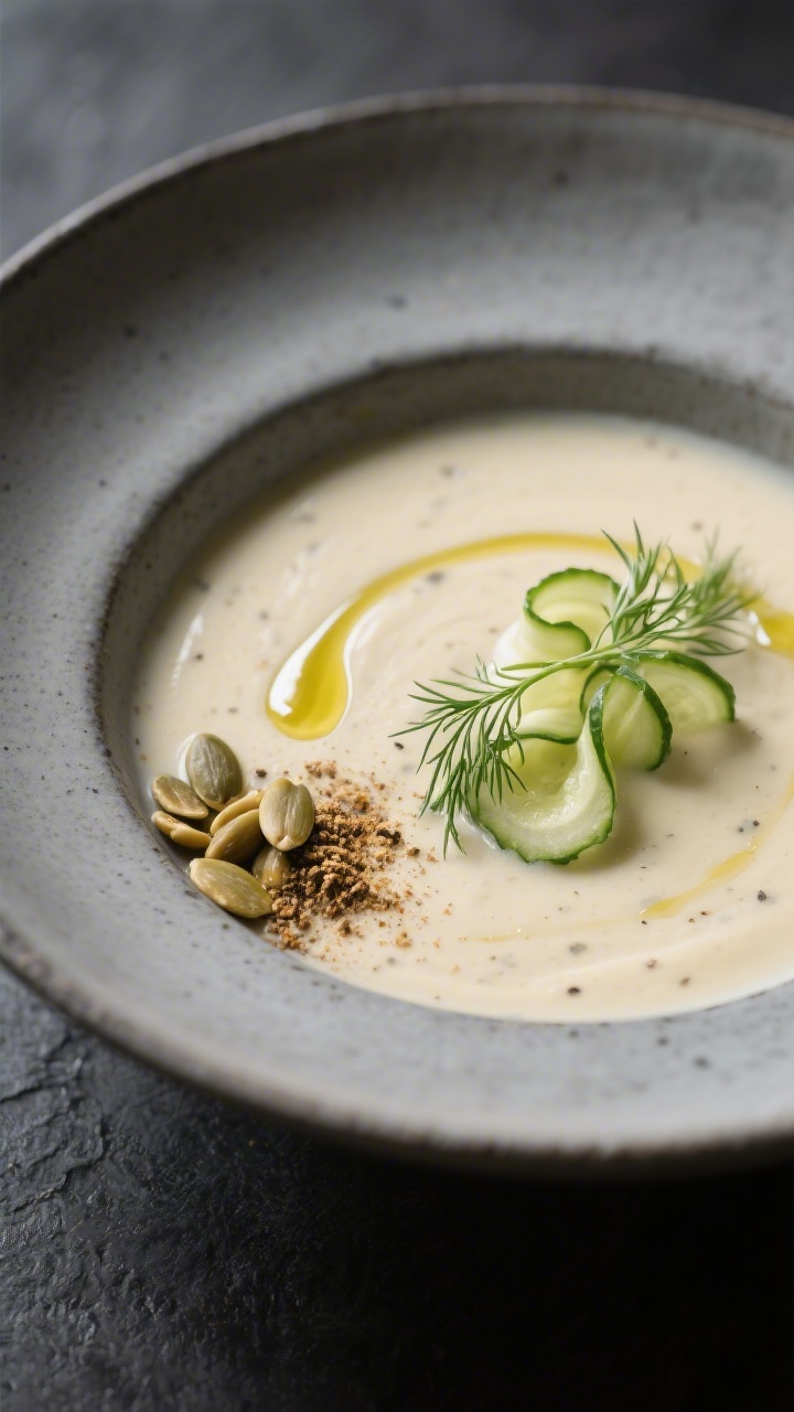 Final dish hero: Restaurant-quality presentation of the soup in a chilled, shallow gray stoneware bo